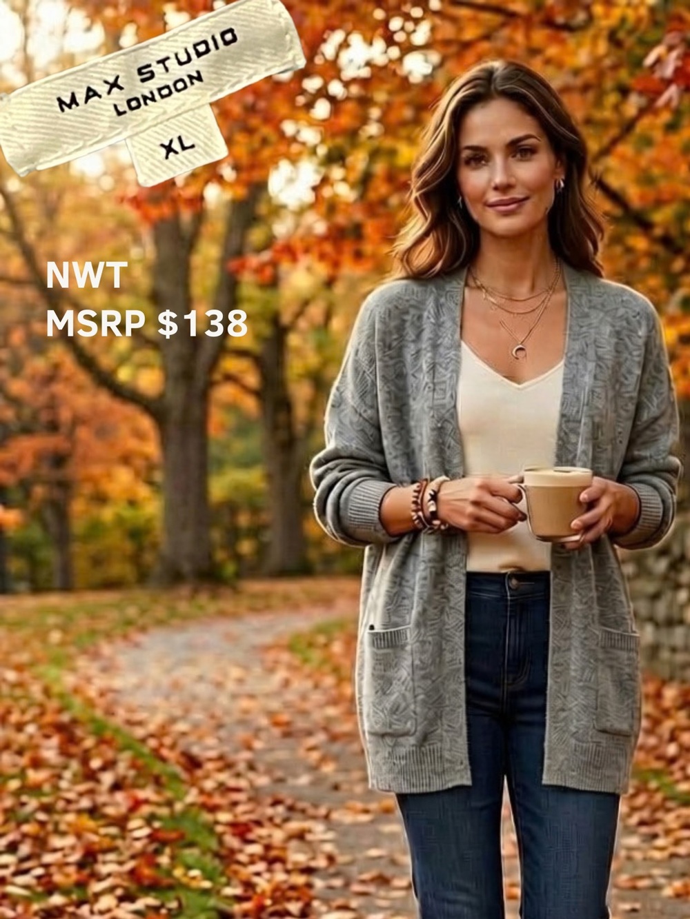 NWT MAX STUDIO LONDON Women’s Heathered Gray Knit Open Front Cardigan XL Grey
